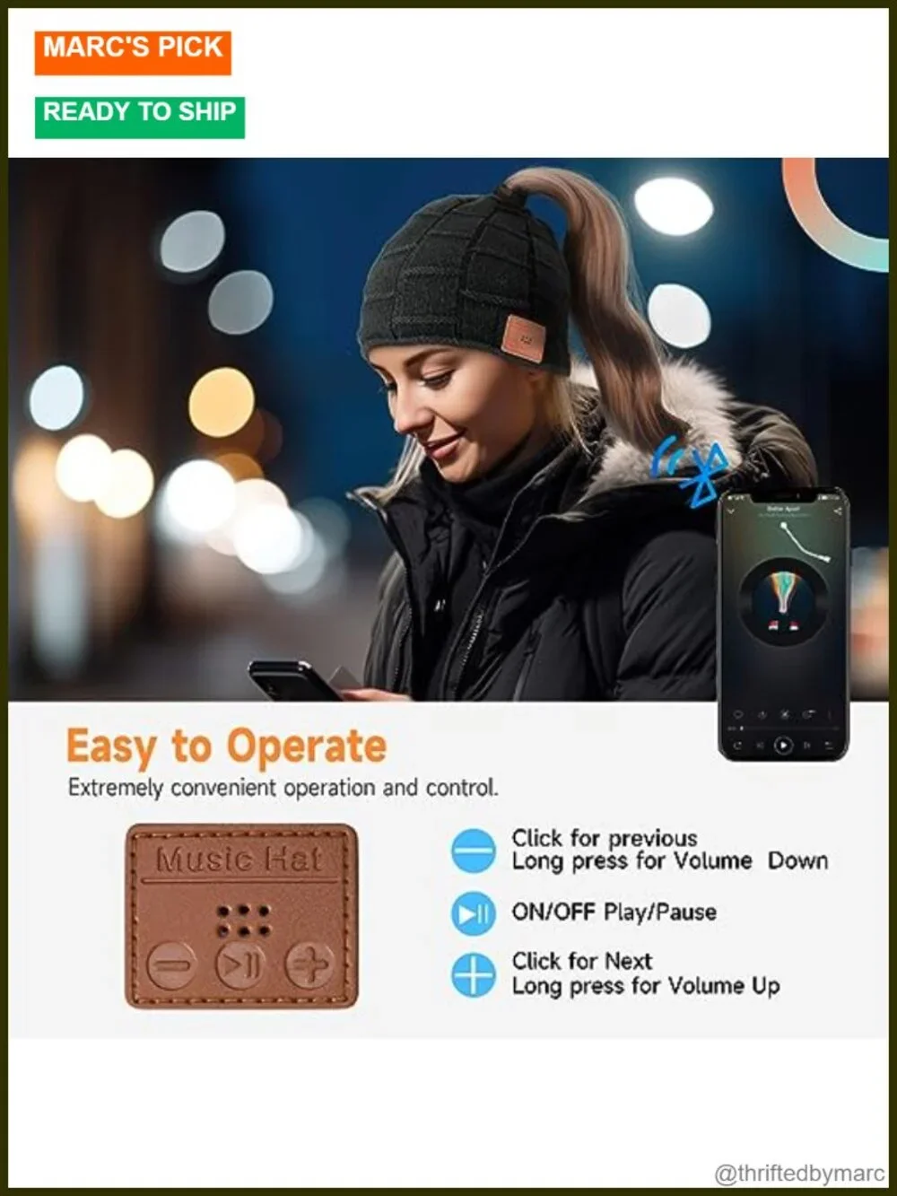 Bluetooth Beanie with Ponytail Hole, Wireless Headphones Hat